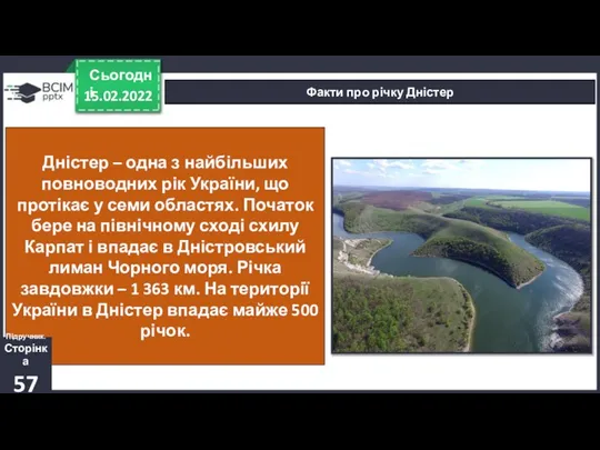 15.02.2022 Сьогодні Факти про річку Дністер Дністер – одна з найбільших