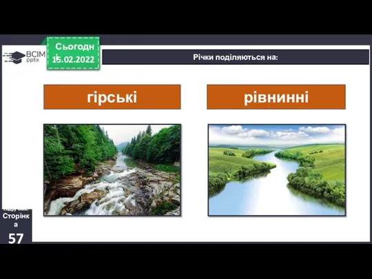 15.02.2022 Сьогодні Річки поділяються на: гірські рівнинні Підручник. Сторінка 57