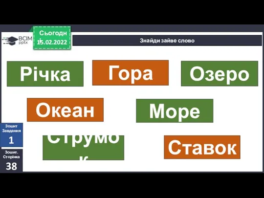 15.02.2022 Сьогодні Знайди зайве слово Річка Гора Океан Море Озеро Струмок