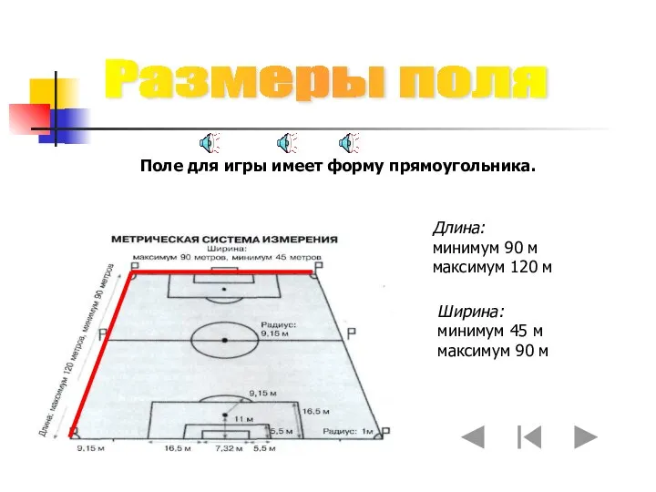 Размеры поля Ширина: минимум 45 м максимум 90 м Поле для