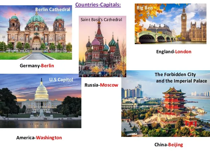 Countries-Capitals: Germany-Berlin England-London America-Washington China-Beijing Russia-Moscow Berlin Cathedral Big Ben U.S