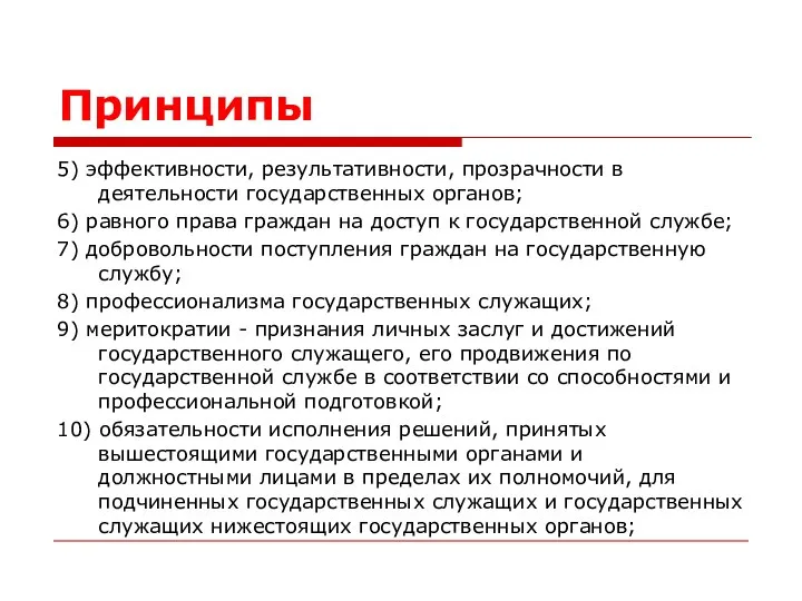 Принципы 5) эффективности, результативности, прозрачности в деятельности государственных органов; 6) равного