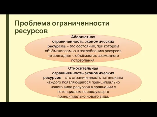 Проблема ограниченности ресурсов Абсолютная ограниченность экономических ресурсов – это состояние, при