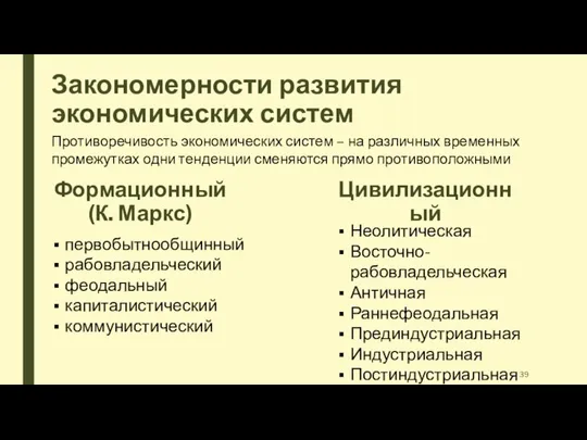 Закономерности развития экономических систем Формационный (К. Маркс) Цивилизационный Противоречивость экономических систем