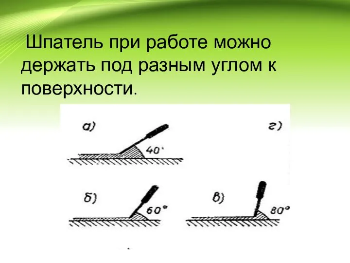 Шпатель при работе можно держать под разным углом к поверхности.