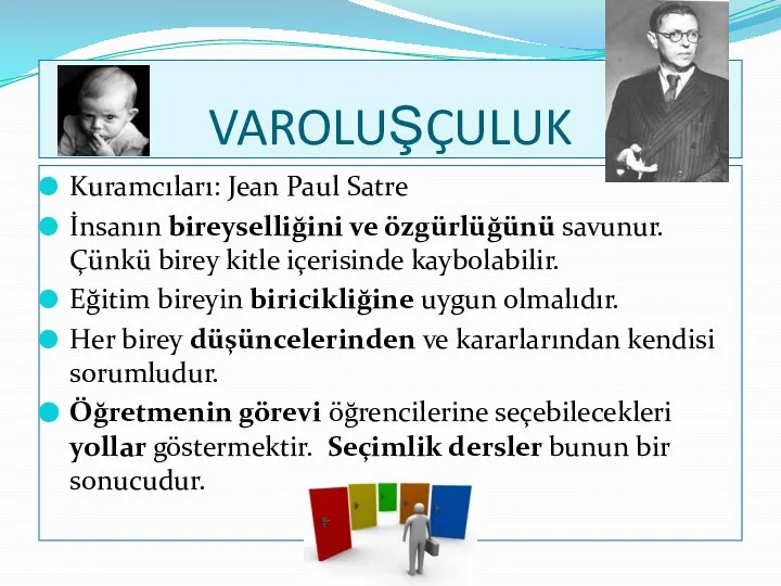 VAROLUŞÇULUK Kuramcıları: Jean Paul Satre İnsanın bireyselliğini ve özgürlüğünü savunur. Çünkü