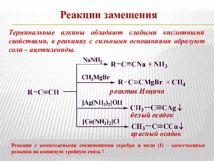 Реакции замещения Терминальные алкины обладают слабыми кислотными свойствами, в реакциях с