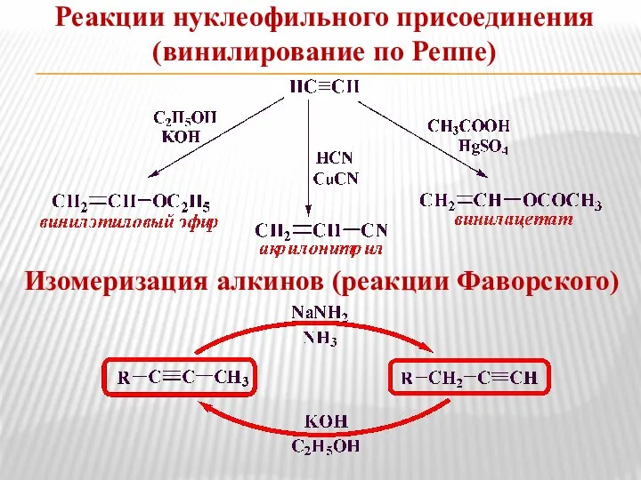 Реакции нуклеофильного присоединения (винилирование по Реппе) Изомеризация алкинов (реакции Фаворского)