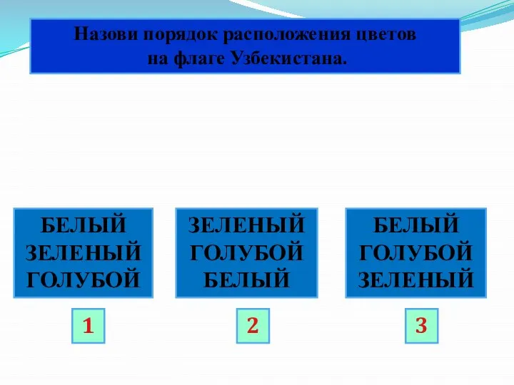Назови порядок расположения цветов на флаге Узбекистана. БЕЛЫЙ ЗЕЛЕНЫЙ ГОЛУБОЙ ЗЕЛЕНЫЙ