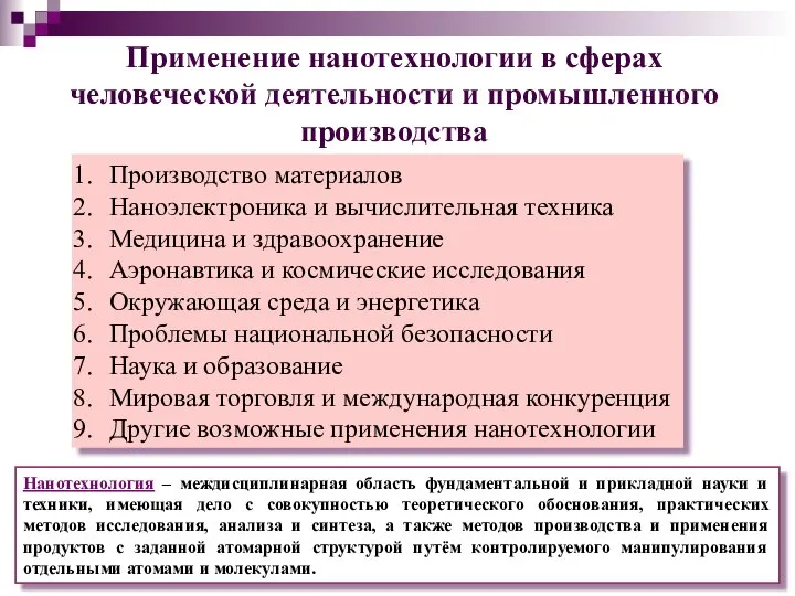 Производство материалов Наноэлектроника и вычислительная техника Медицина и здравоохранение Аэронавтика и