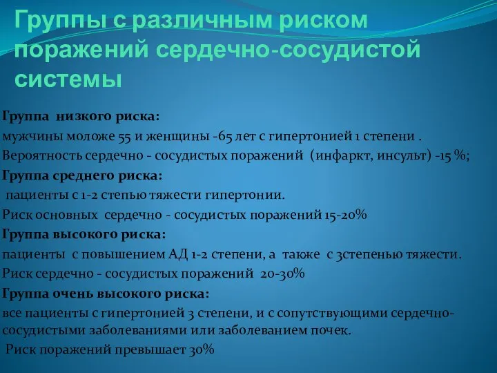 Группы с различным риском поражений сердечно-сосудистой системы Группа низкого риска: мужчины