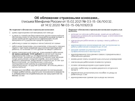 Об обложении страховыми взносами… (письма Минфина России от 15.02.2021 № 03-15-06/10032,