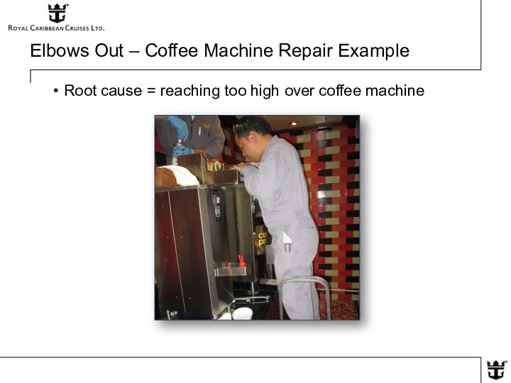 Elbows Out – Coffee Machine Repair Example Root cause = reaching too high over coffee machine