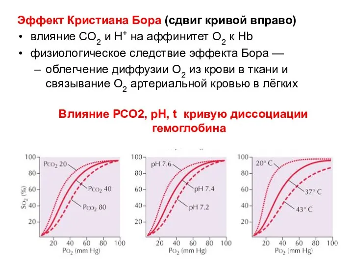 Эффект Кристиана Бора (сдвиг кривой вправо) влияние CO2 и H+ на