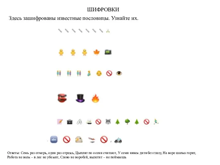 ШИФРОВКИ Здесь зашифрованы известные пословицы. Узнайте их. Ответы: Семь раз отмерь,