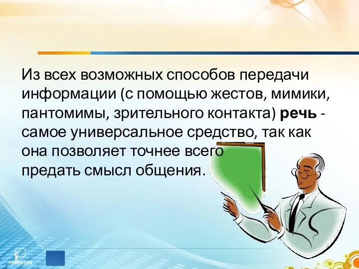 Из всех возможных способов передачи информации (с помощью жестов, мимики, пантомимы,