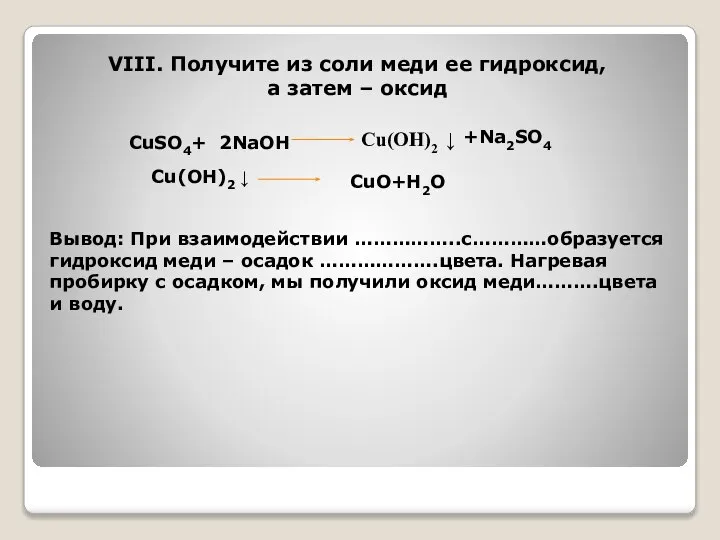 VIII. Получите из соли меди ее гидроксид, а затем – оксид