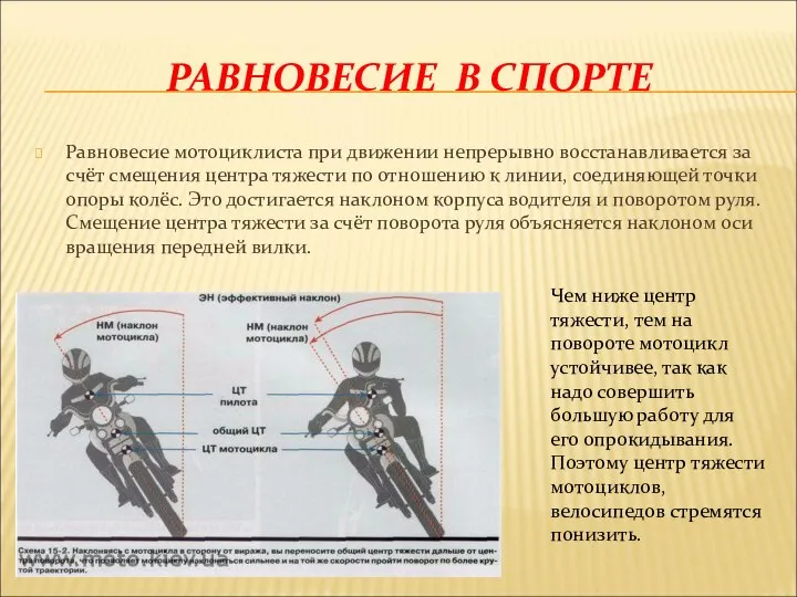 Равновесие мотоциклиста при движении непрерывно восстанавливается за счёт смещения центра тяжести