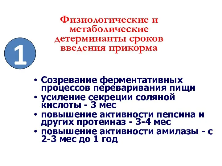 Физиологические и метаболические детерминанты сроков введения прикорма Созревание ферментативных процессов переваривания