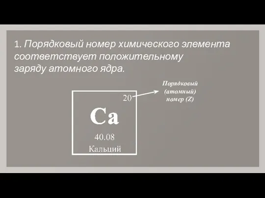 1. Порядковый номер химического элемента соответствует положительному заряду атомного ядра. Порядковый (атомный) номер (Z)