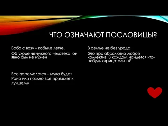 ЧТО ОЗНАЧАЮТ ПОСЛОВИЦЫ? Баба с возу – кобыле легче. Об уходе