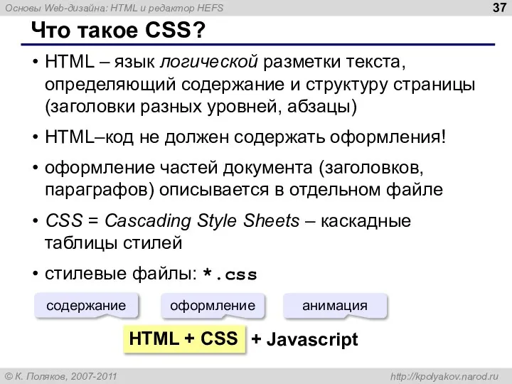 Что такое CSS? HTML – язык логической разметки текста, определяющий содержание