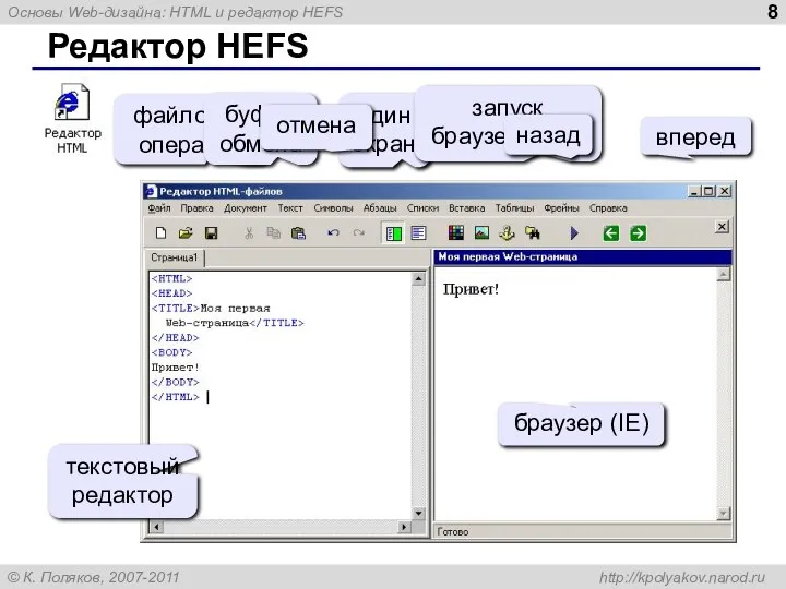 Редактор HEFS файловые операции буфер обмена один экран запуск браузера (F9)