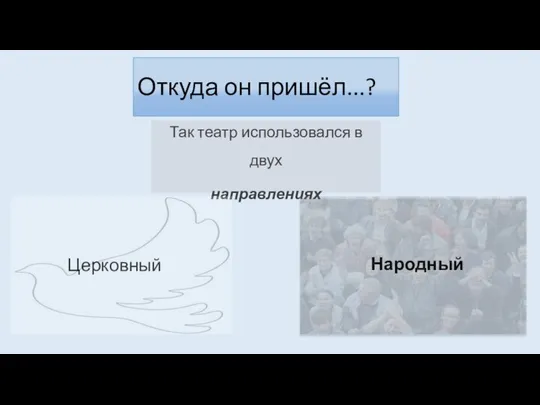 Откуда он пришёл...? Так театр использовался в двух направлениях Народный Церковный