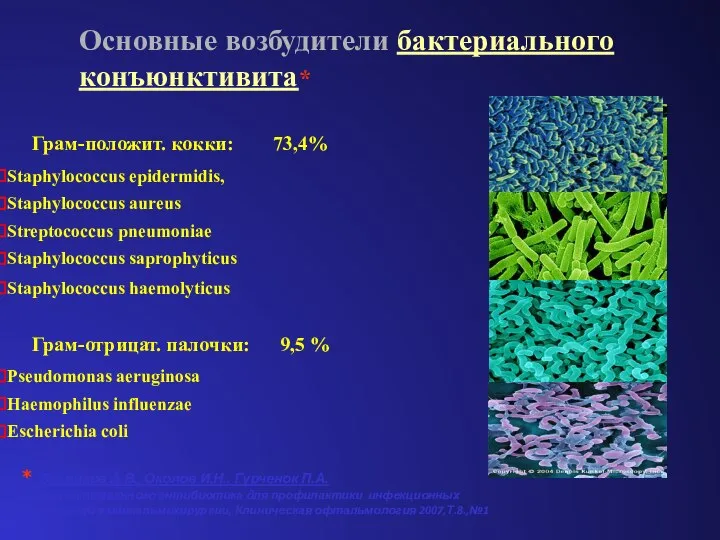 Основные возбудители бактериального конъюнктивита* Грам-положит. кокки: 73,4% Staphylococcus epidermidis, Staphylococcus aureus