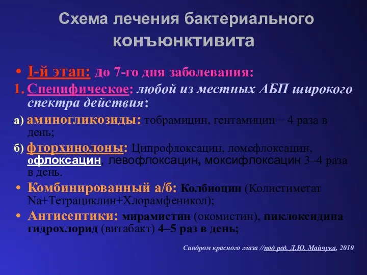 Схема лечения бактериального конъюнктивита I-й этап: до 7-го дня заболевания: 1.