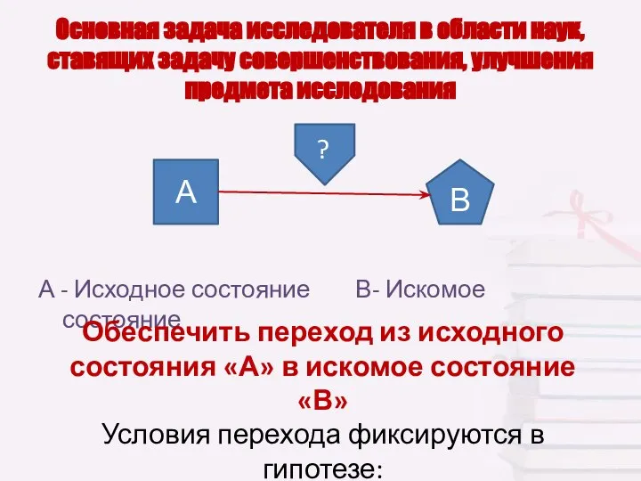 Основная задача исследователя в области наук, ставящих задачу совершенствования, улучшения предмета