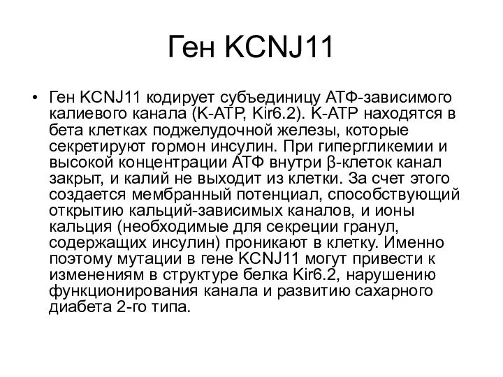 Ген KCNJ11 Ген KCNJ11 кодирует субъединицу АТФ-зависимого калиевого канала (K-ATP, Kir6.2).