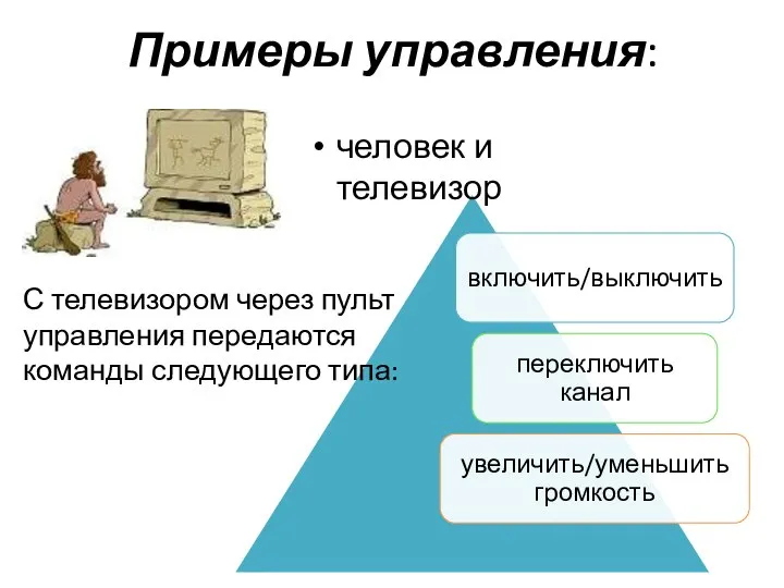 Примеры управления: человек и телевизор С телевизором через пульт управления передаются команды следующего типа: