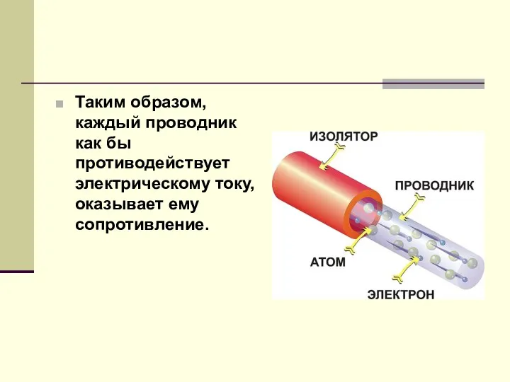 Таким образом, каждый проводник как бы противодействует электрическому току, оказывает ему сопротивление.