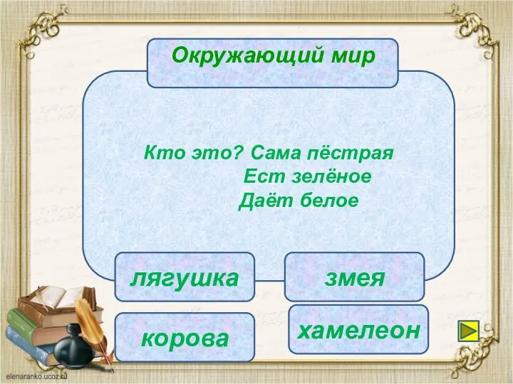 Кто это? Сама пёстрая Ест зелёное Даёт белое Окружающий мир корова лягушка змея хамелеон