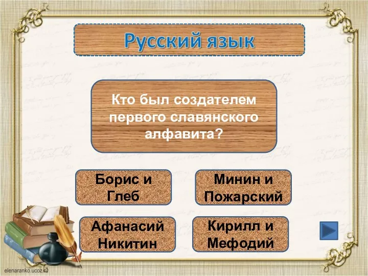 Борис и Глеб Афанасий Никитин Кирилл и Мефодий Минин и Пожарский