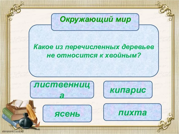 Какое из перечисленных деревьев не относится к хвойным? Окружающий мир лиственница кипарис ясень пихта