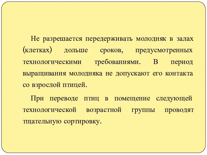 Не разрешается передерживать молодняк в залах (клетках) дольше сроков, предусмотренных технологическими