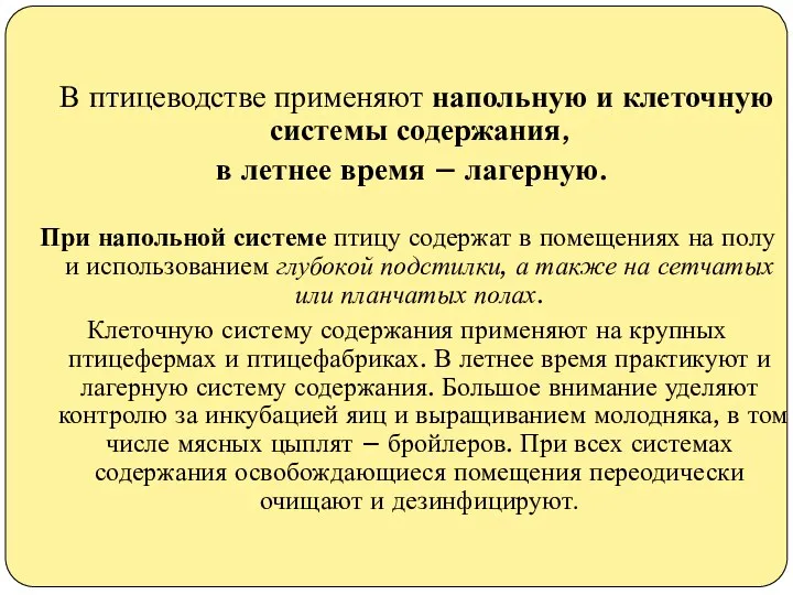 В птицеводстве применяют напольную и клеточную системы содержания, в летнее время