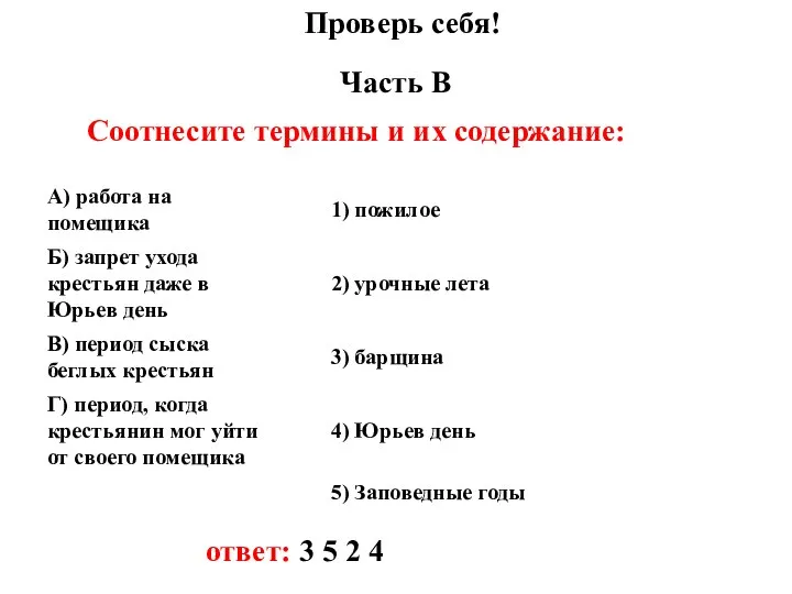 Проверь себя! Часть В Соотнесите термины и их содержание: ответ: 3 5 2 4