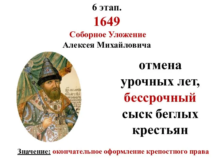 6 этап. 1649 Соборное Уложение Алексея Михайловича отмена урочных лет, бессрочный