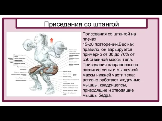 Приседания со штангой Приседания со штангой на плечах 15-20 повторений.Вес как