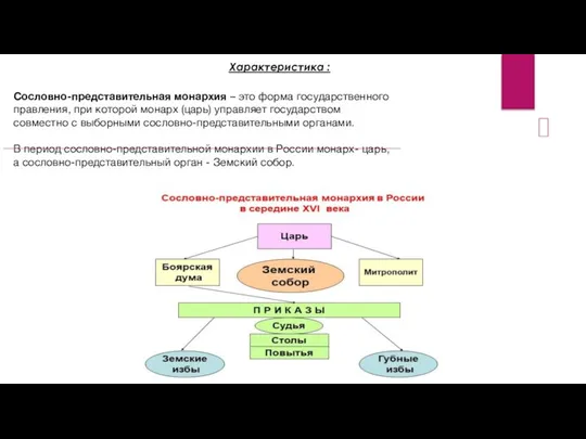 Сословно-представительная монархия – это форма государственного правления, при которой монарх (царь)