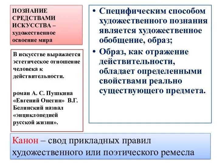 ПОЗНАНИЕ СРЕДСТВАМИ ИСКУССТВА – художественное освоение мира Специфическим способом художественного познания