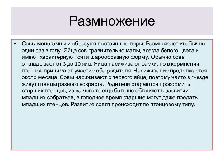 Размножение Совы моногамны и образуют постоянные пары. Размножаются обычно один раз