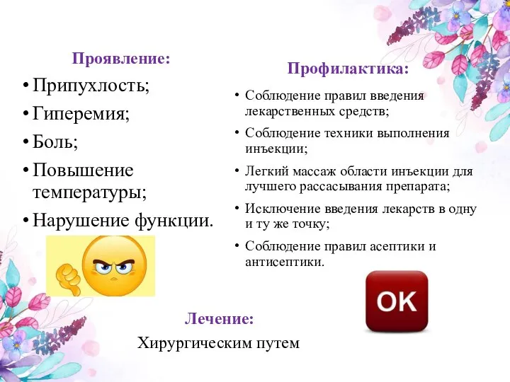 Проявление: Припухлость; Гиперемия; Боль; Повышение температуры; Нарушение функции. Профилактика: Соблюдение правил