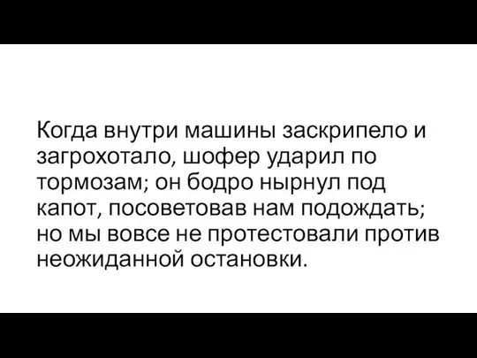 Когда внутри машины заскрипело и загрохотало, шофер ударил по тормозам; он