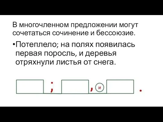 В многочленном предложении могут сочетаться сочинение и бессоюзие. Потеплело; на полях