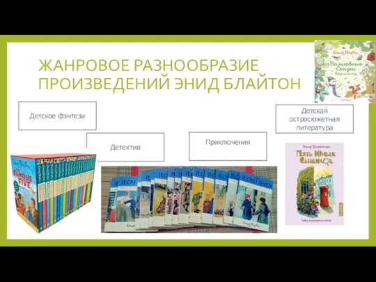 ЖАНРОВОЕ РАЗНООБРАЗИЕ ПРОИЗВЕДЕНИЙ ЭНИД БЛАЙТОН Детское фэнтези Приключения Детская остросюжетная литература Детектив