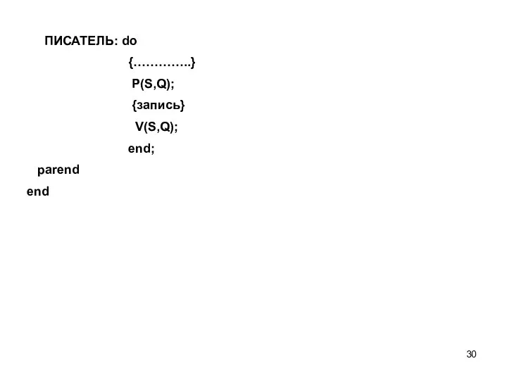 ПИСАТЕЛЬ: do {…………..} P(S,Q); {запись} V(S,Q); end; parend end